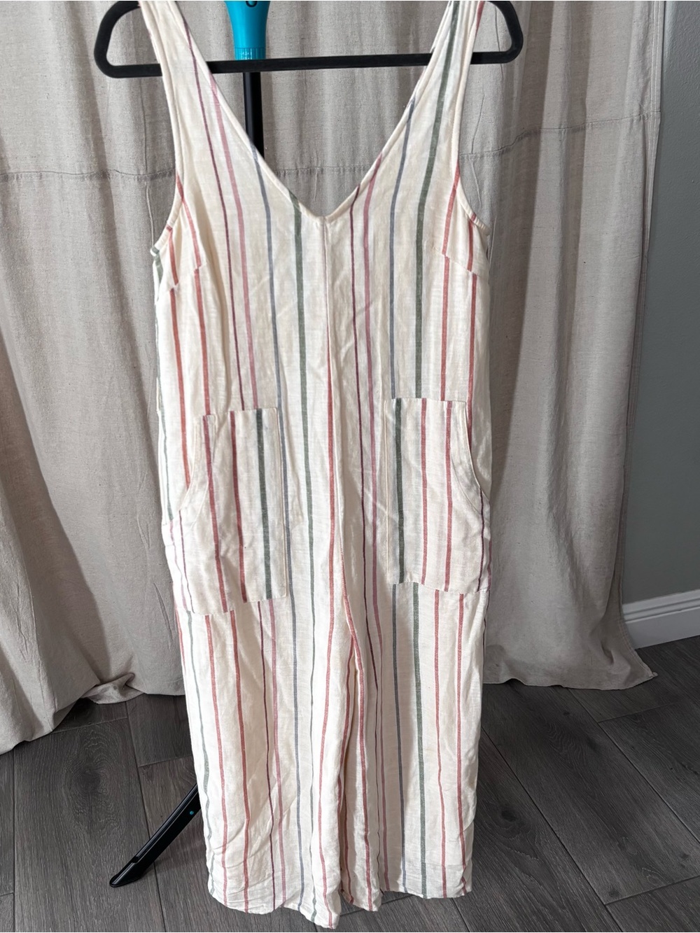 American Eagle Cream Striped linen Jumpsuit with Multicolor Stripes